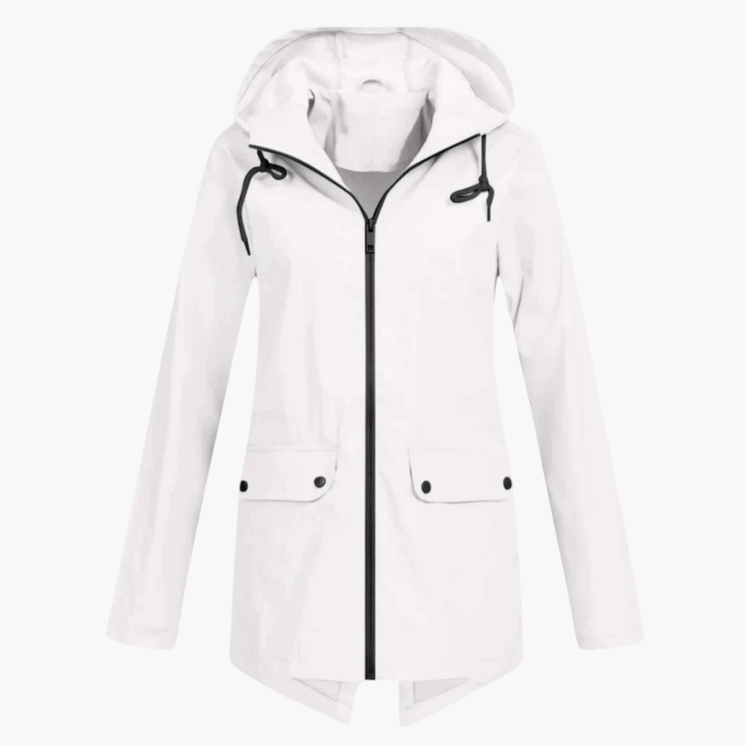 My Store 4 Rianna getailleerde witte regenjas met verstelbare capuchon en zwarte ritssluiting voor dames