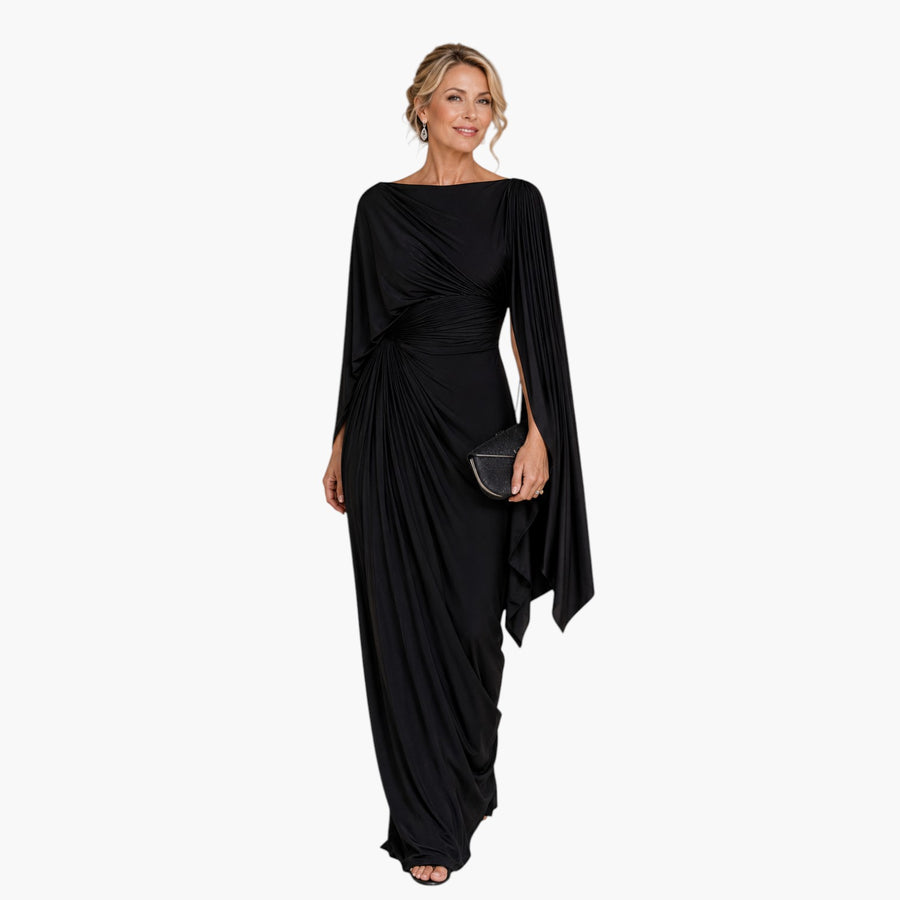 My Store 4 Meryl zwarte maxi-jurk met gedrapeerde mouwen en geplooide taille voor een elegante formele look.