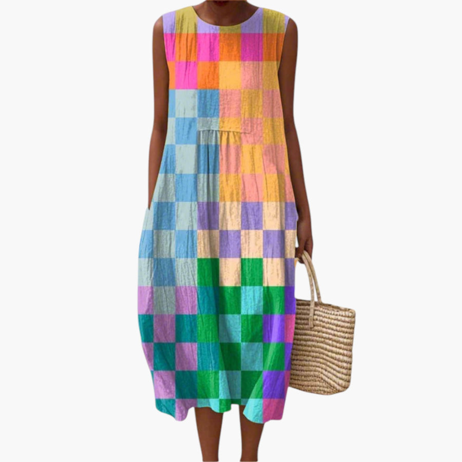 My Store Kate midi-jurk met kleurrijk ruitjespatroon, mouwloos en gemaakt van ademende stof voor een zomerse look.