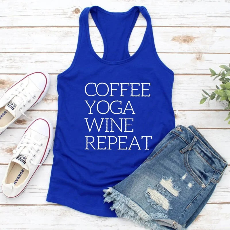 Repeat Coffee, Yoga, Wine: Women's Funny Racerback Tank for Gym and Summer Workouts