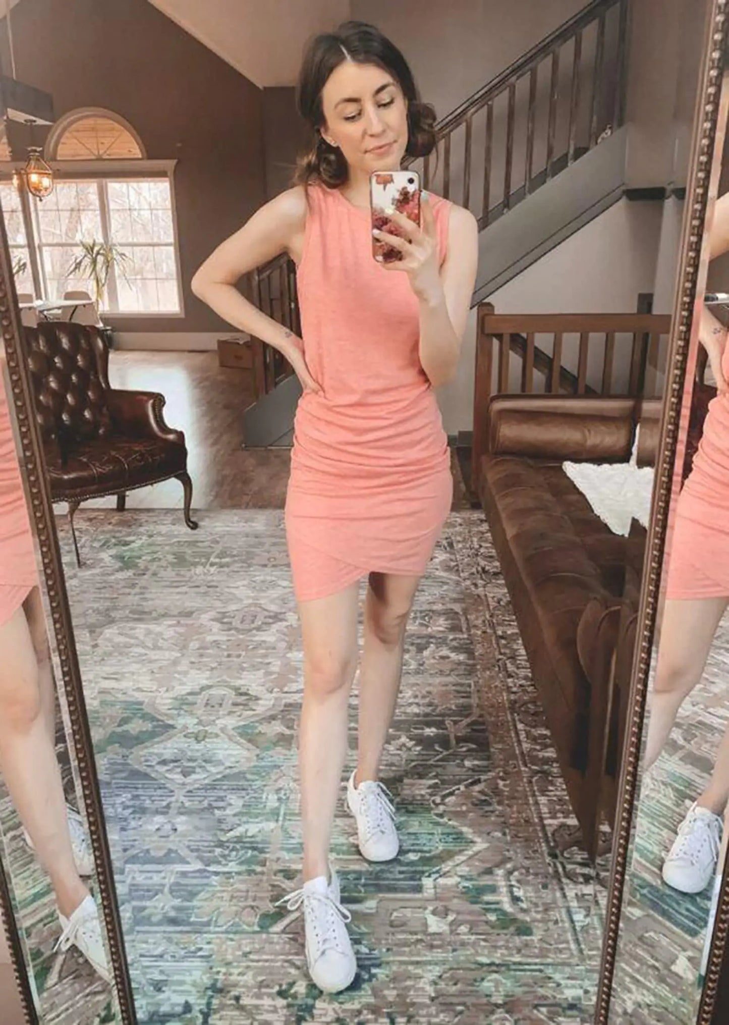 BTFBM Women 2024 Summer Sleeveless Tank Dresses Crew Neck Slim Fit Short Casual Ruched Bodycon Party Club Mini Dress Pink Small