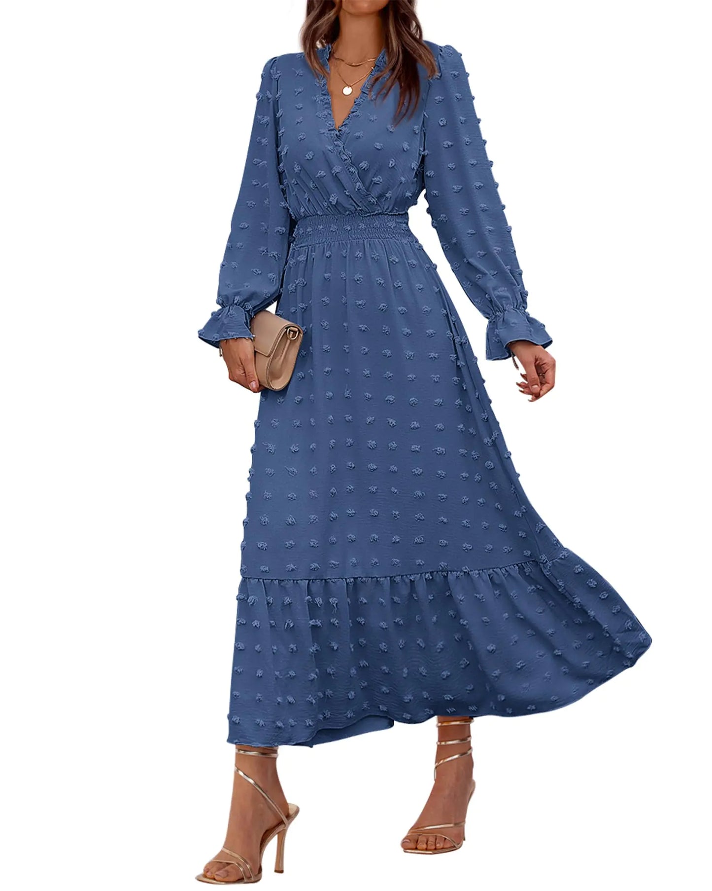 BTFBM Women Fall Dresses 2024 Long Sleeve V Neck Swiss Dots Maxi Dress Boho Long Dress High Waisted A-Line Ruffle Dress Small Solid Blue